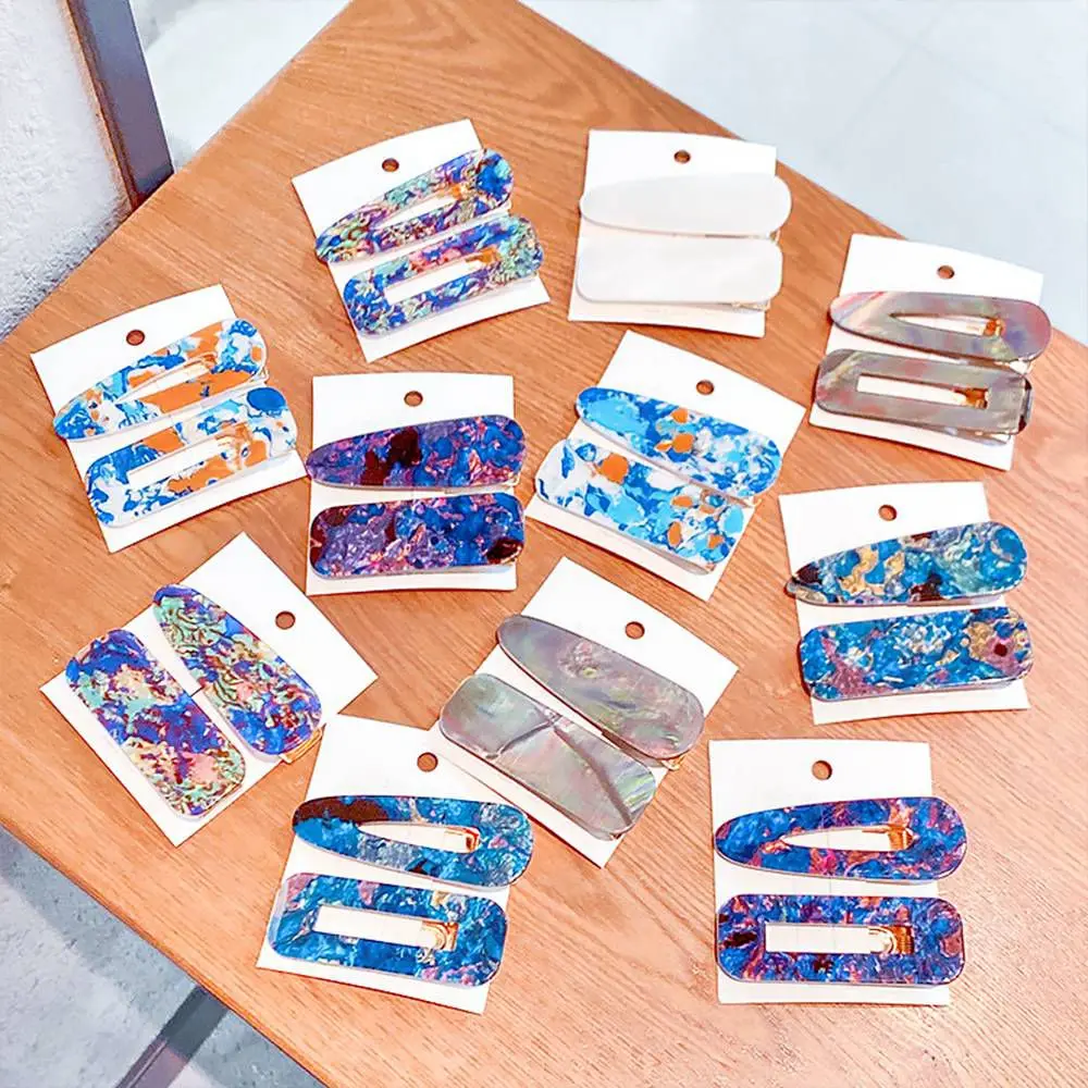 

2PCS/Set New Women Elegant Colorful Print Geometric Acrylic Hairpins Sweet Hair Clip Headband Barrettes Fashion Hair Accessories