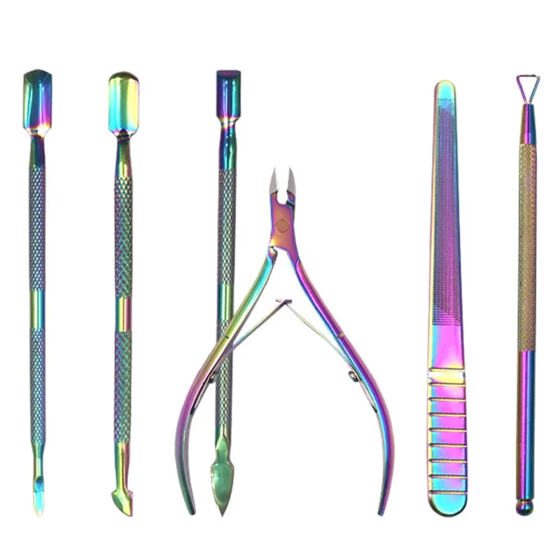 

6PCS Stainless Steel Nail Cuticle Pusher Tweezer Nail Art Files Gel Polish Remove Manicure Care Groove Clean Tool