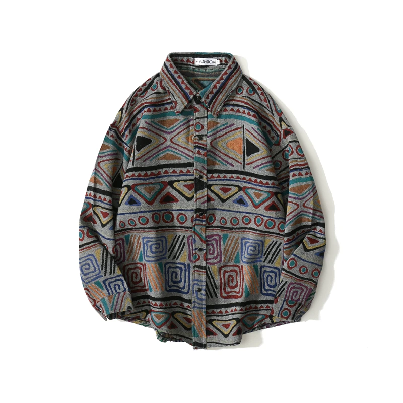 

2021 New Fashion Woolen Shirts Casual Streetwear Cardigan Autumn Winter Mens Retro Printed Loose Turn-down Collar Buttoned Tops