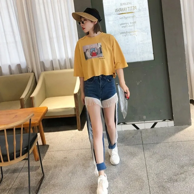 Уличная одежда выдалбливающие джинсы с кисточками женские летние модные