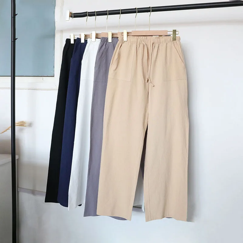 

Women's Cotton High Waisted Pants Vintage Plus Size Solid Linen Pants Summer Female Casual Loose Trousers