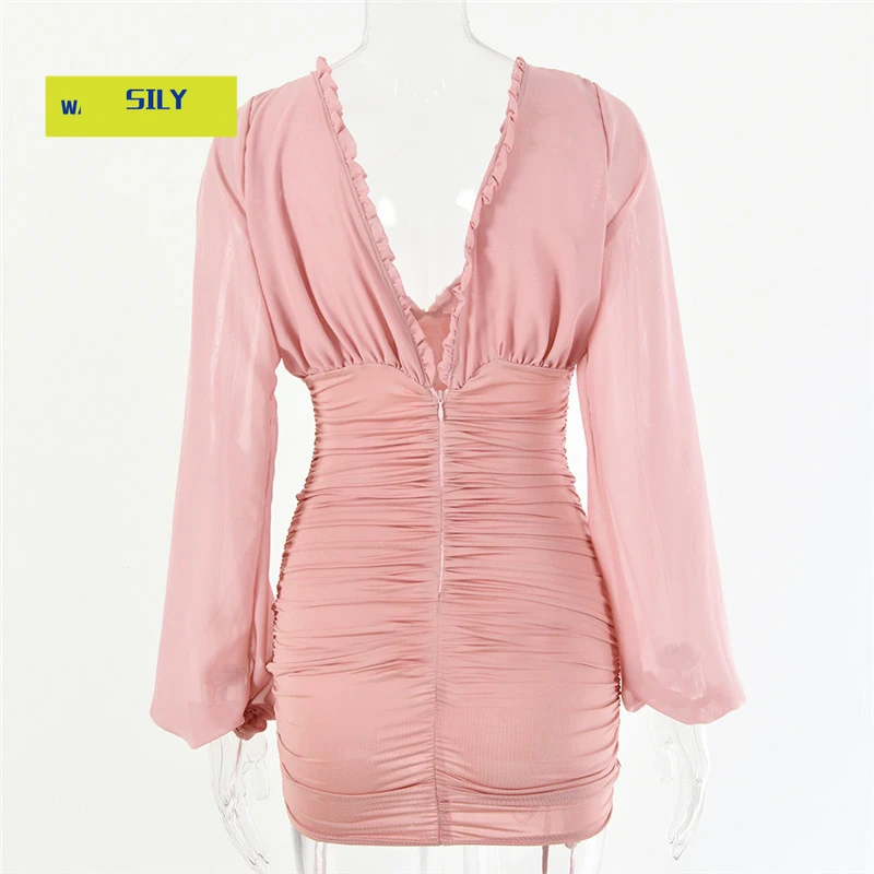 

Articat Chiffon Summer Autumn Dress Women 2020 Sexy Long Sleeve Slim Elastic Bodycon Bandage Dress Short Pleated Party Dresses
