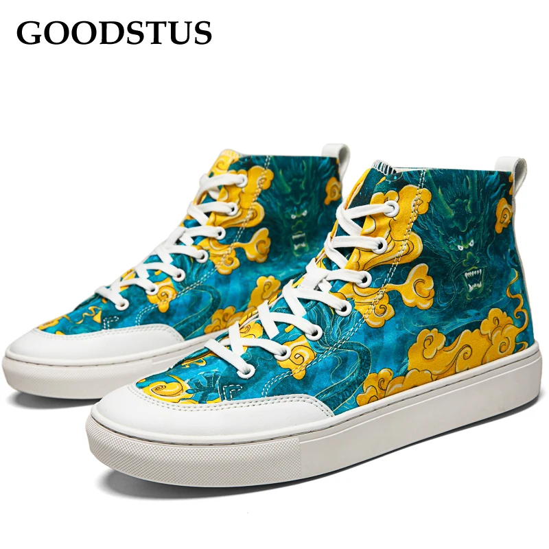GOODSTUS Men Canvas Shoes Chinese Style Cyan Dragon Comfortable Breathable High Top Fashion Quality Couple Shoe Hot Sale | Обувь