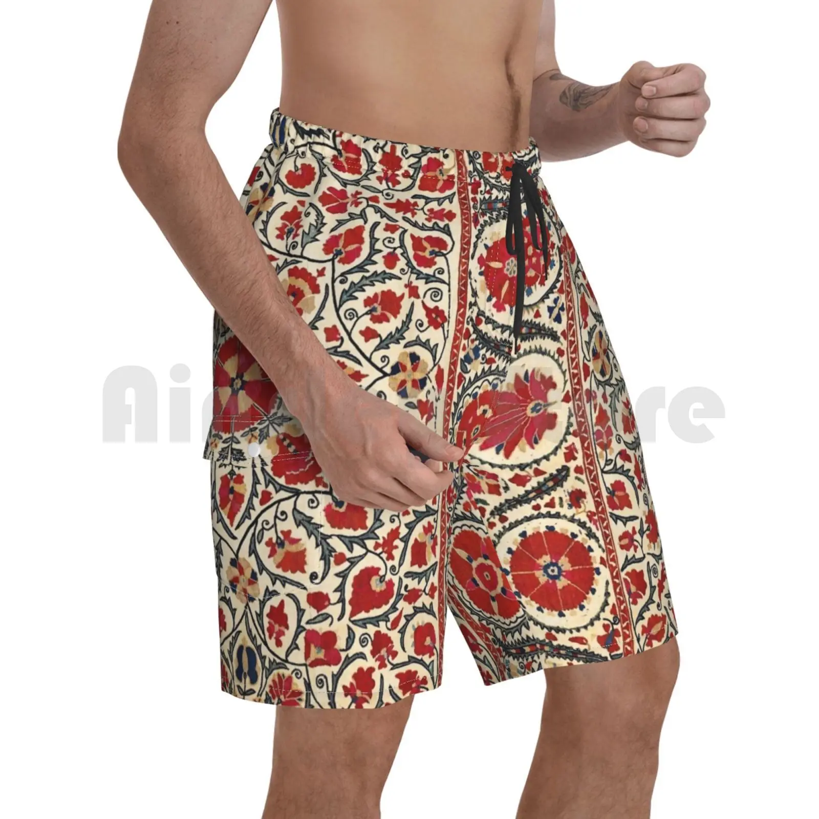 

Bokhara Suzani Uzbekistan Colorful Embroidery Print Beach Shorts Men Beach Pants Swimwear Vintage Vintage Rug