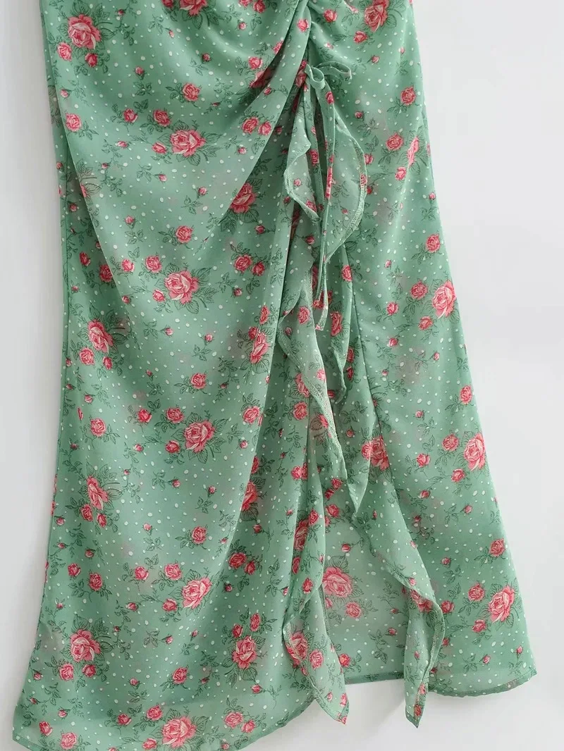 

Summer Maxi Dress Women Ruffles Side Drawstring Wrinkle Spaghetti Strap Beach Holiday Green Long Cottagecore Dresses Vestidos