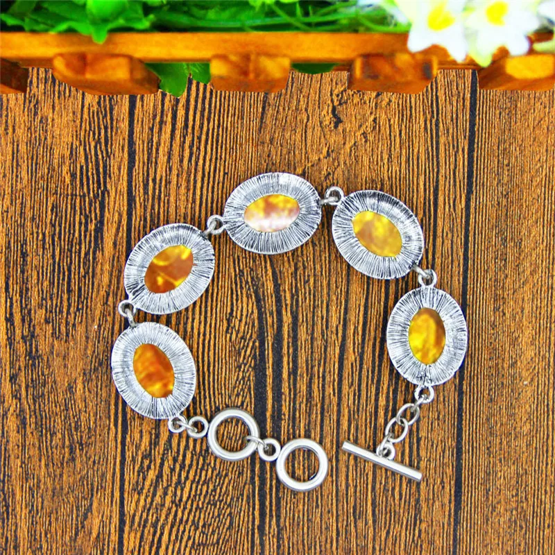 Oval Resin Flower Bead Necklace Earrings Bracelet Jewelry Set Vintage Look Antique Silver Plated Fashion Jewelry