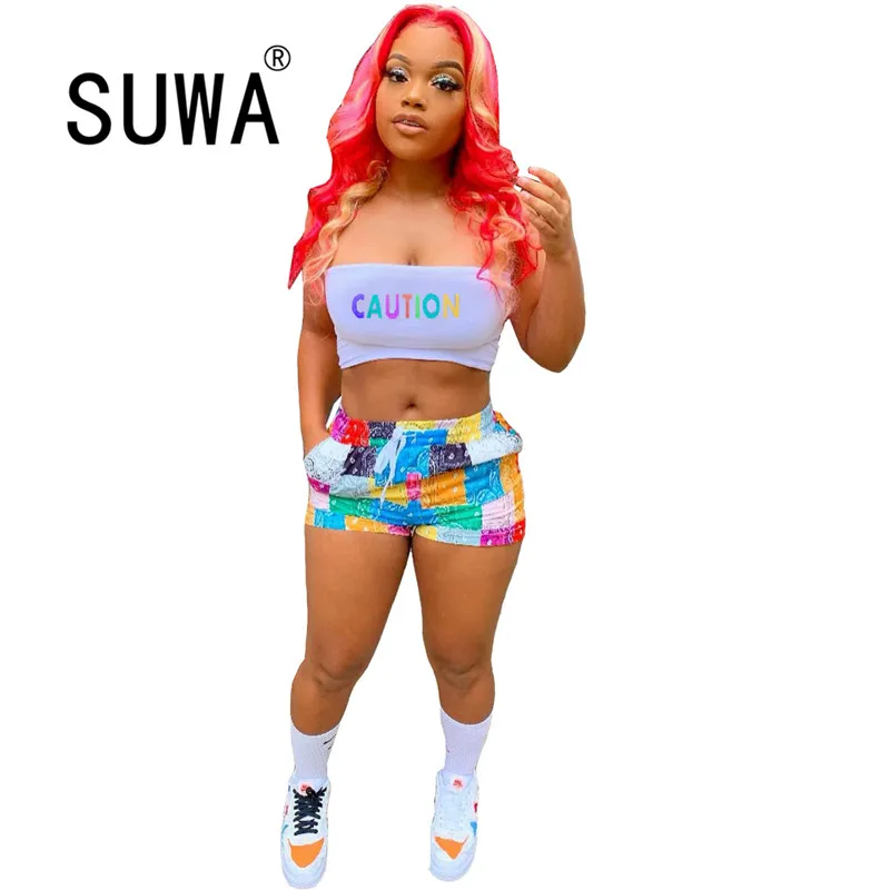 

Colorful Letter Printed Tracksuit Women Two Piece Sets Workout Clothes Crop Tops High Waist Shorts Sexy Club Outfits Wholesale