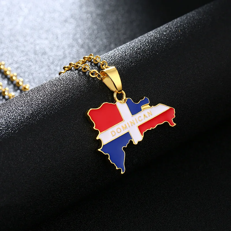 

World Map Dominicia Map Flag Pendant Necklace Student Couple Stainless Steel Chain Men and Women Patriotic Jewelry