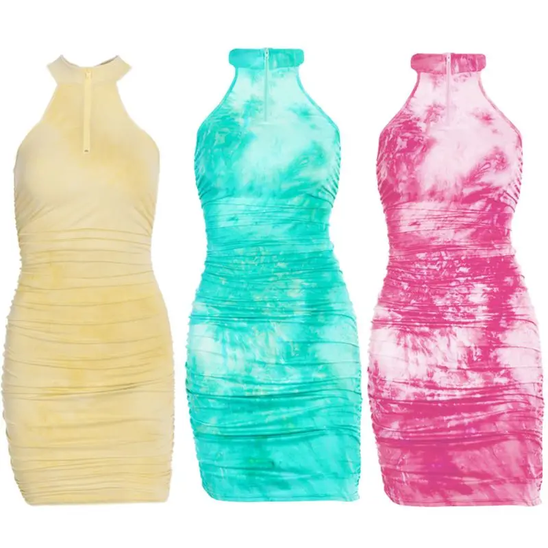 

Women Sexy Sleeveless Ruched Bodycon Mini Dress Neon Tie-Dye Zipper Clubwear