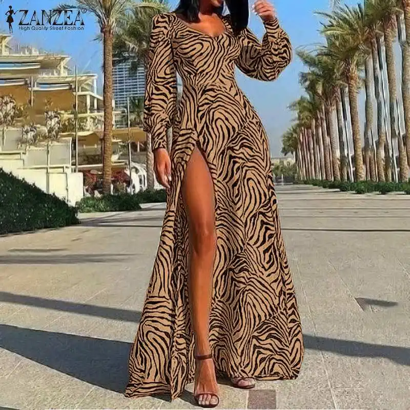 

ZANZEA Fashion Women Y2k Zebra Printed Party Dresses 2021 Autumn Puff Sleeve A-line Maxi Vestidos Oversized Casual Holiday Robe