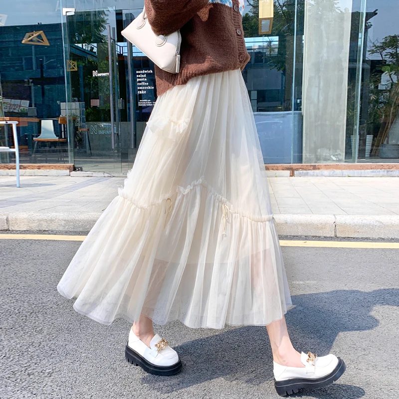 

LY VAREY LIN New Spring Autumn Gauze Medium Length Skirts Women Sweet Elastic High Waist A-line Skirts Lady Solid Color Skirts