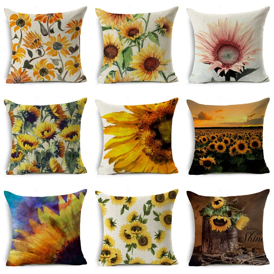 

NEW Oil Painting Sunflowers Cushion Cover Linen Summer Yellow Floral Pillows Cover Retro Art Home Decorative Throw Pillow Case