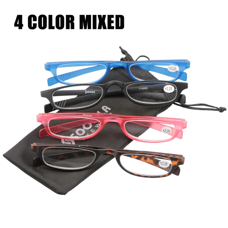 4 Color Mixed SOOLALA, 4 шт., женские мужские тонкие очки для чтения с плоским верхом и карманом, Легкие прямоугольные очки для чтения Пресбиопии+ от 1,0 до 4,0 - Цвет оправы: 4 Color Mixed