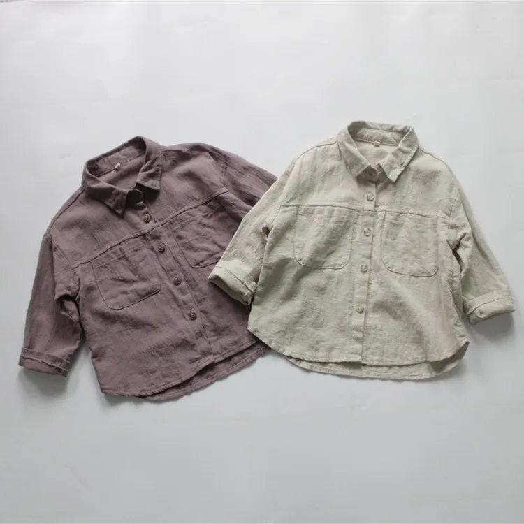 

Autumn children's long sleeve shirt cotton linen solid color pocket children's shirt boys shirts