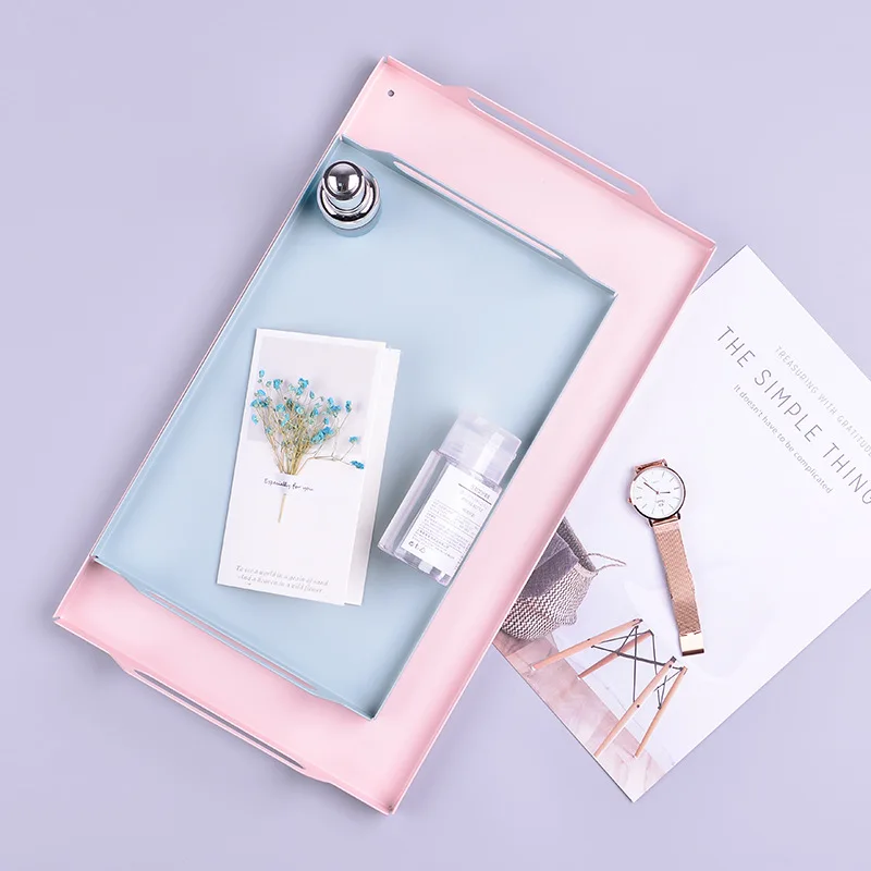 Прямоугольная металлическая настольная тарелка для хранения косметических