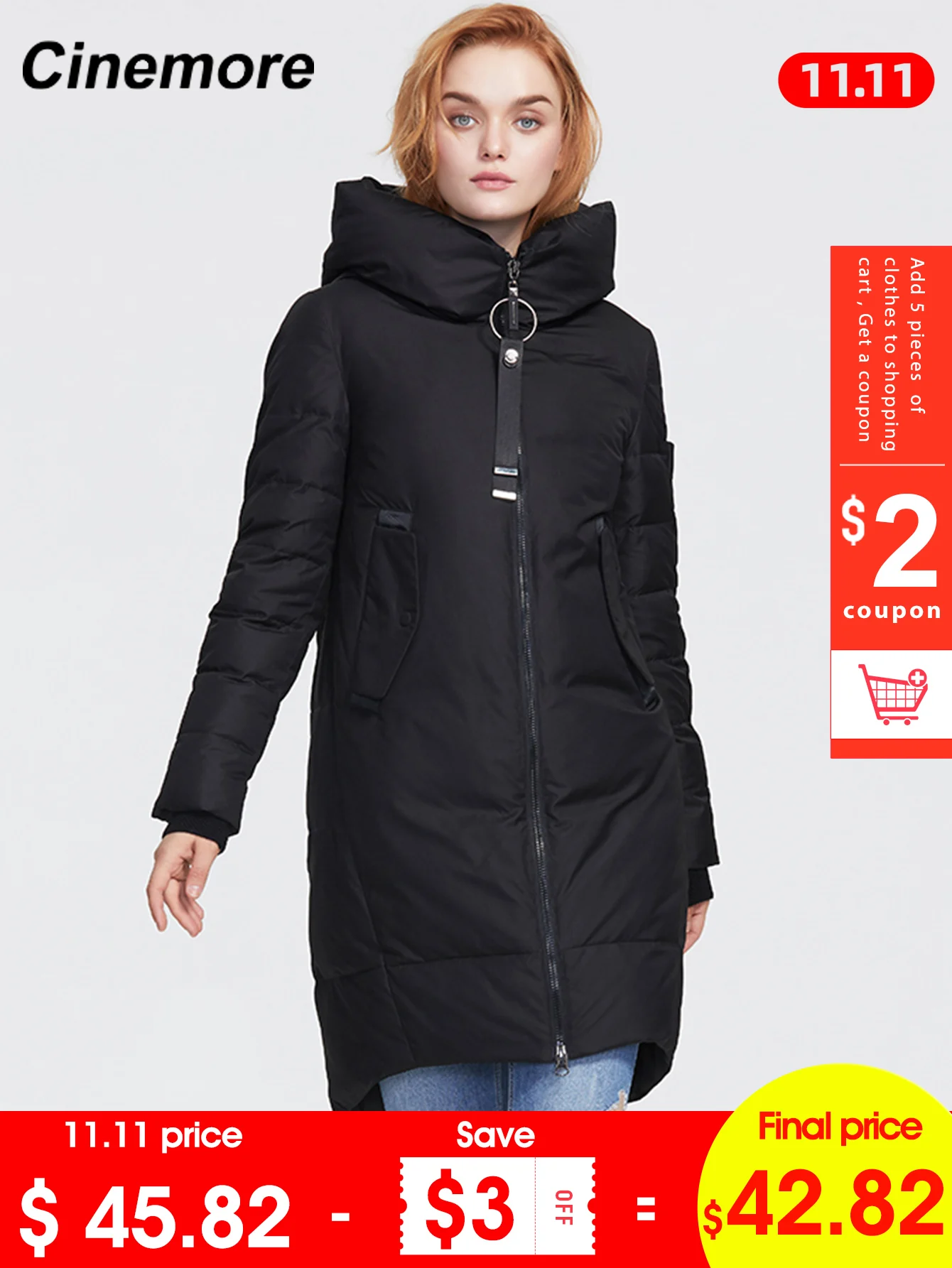 

CINEMORE 2020winter new women's oversized casual cotton jacket black shirt long ladies hooded winter warm biological fluff 9980