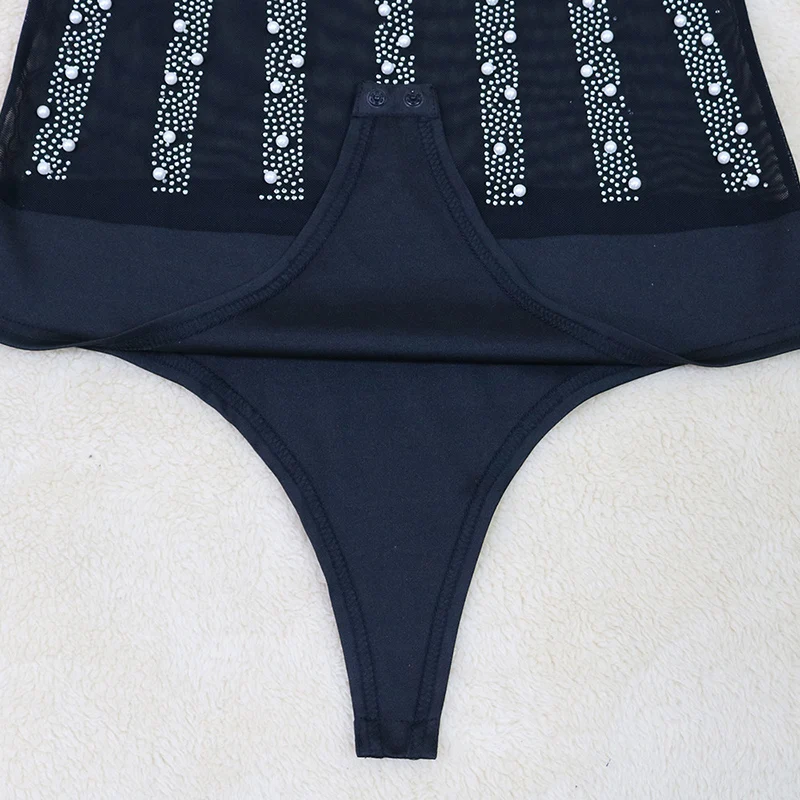 

Bonnie Forest Sheer Mesh Patchwork Beading Women Rompers Chic Black Mesh Iridescent Rhinestones & Pearls Bodysuit Party Clubwear