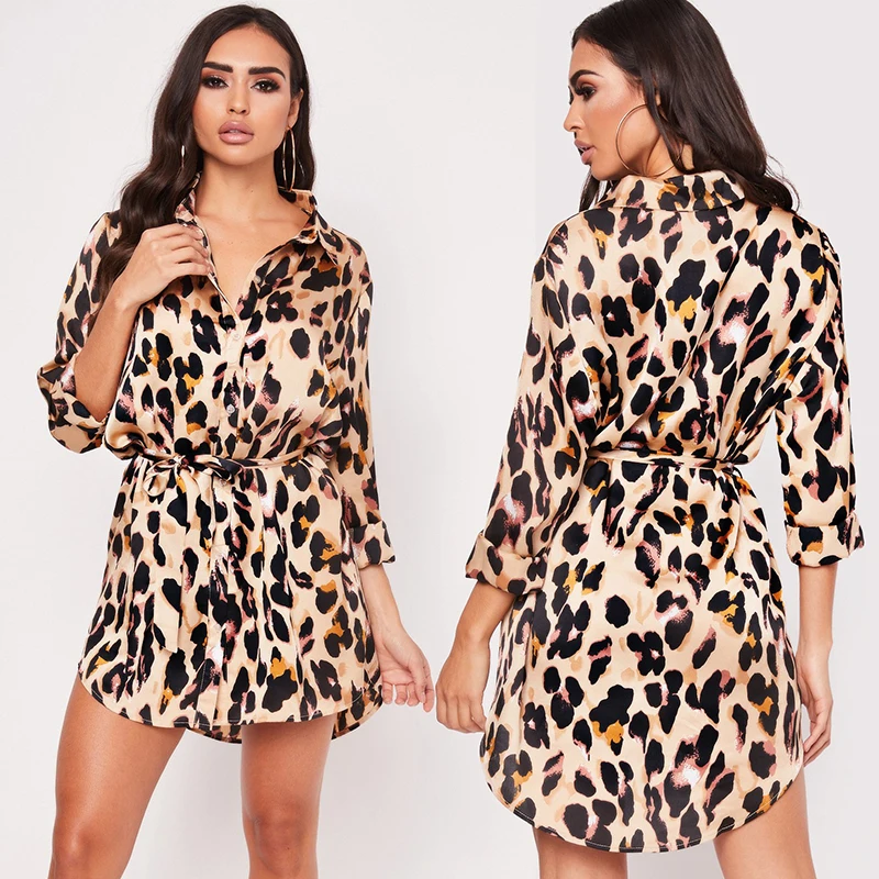 

Женское платье-рубашка с поясом, свободное платье в европейском стиле с леопардовым принтом, отложным воротником и длинным рукавом, лето 2019