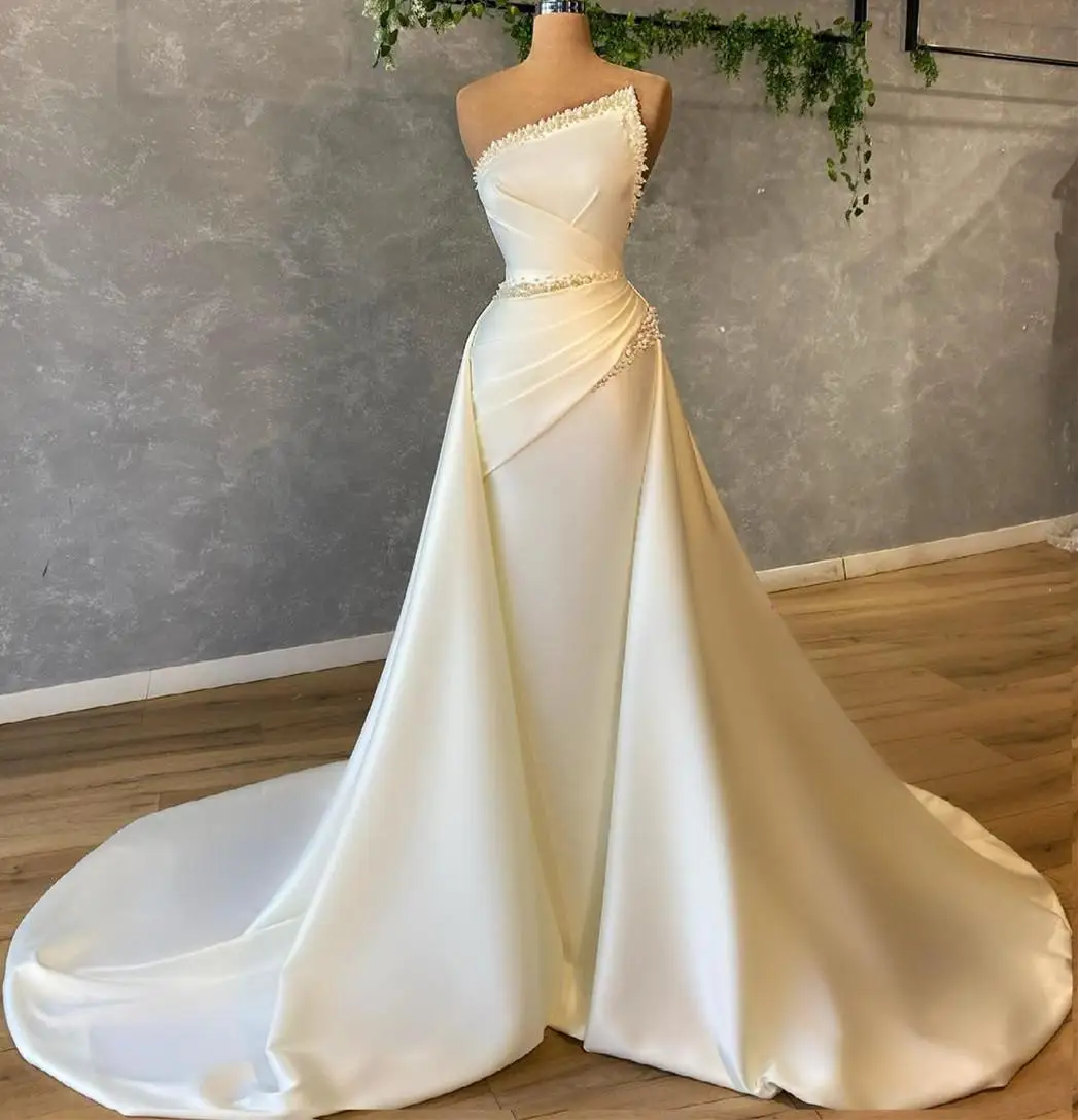 

Elegant Pearls Mermaid Prom Dresses With Detachable Train 2021 Ivory Satin African Women Plus Size Formal Evening Gowns