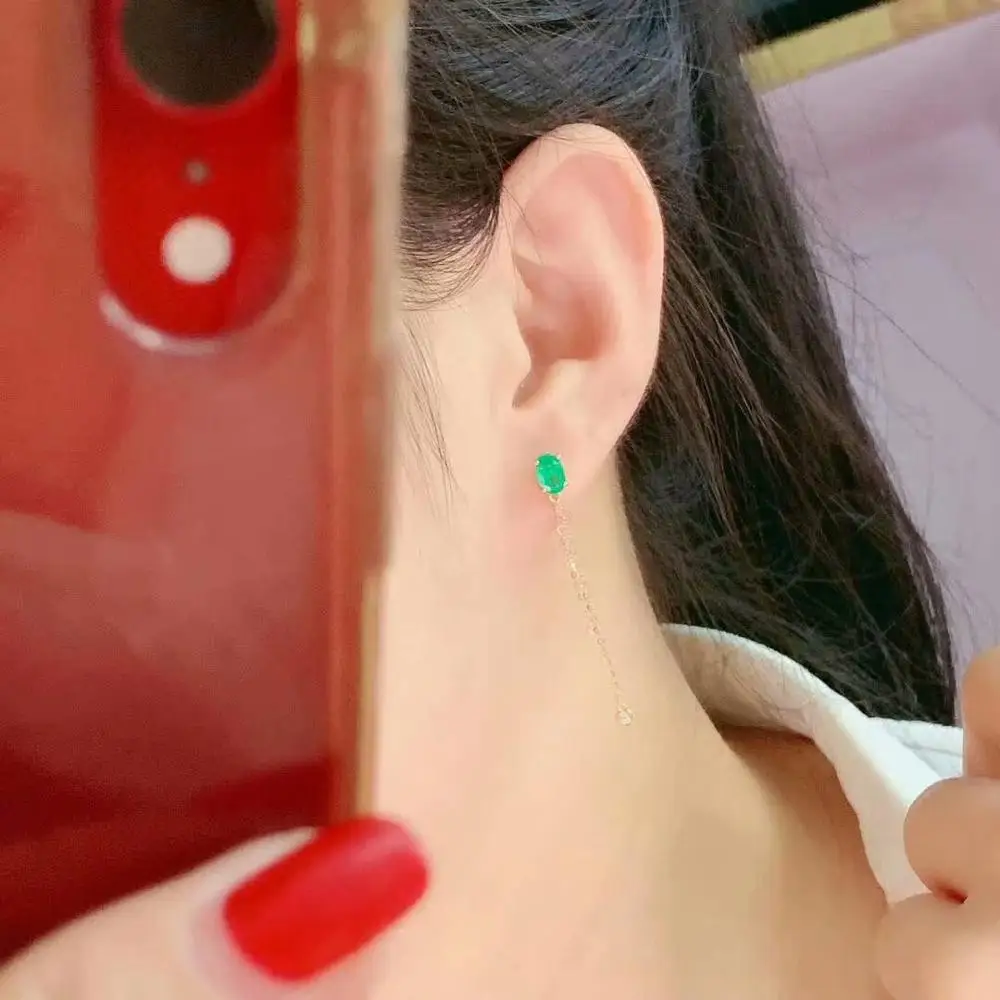 

shilovem 18K yellow Gold real Natural emerald stud earrings fine Jewelry plant gift Ethnic gift new plant 4*6mm de0406118agml