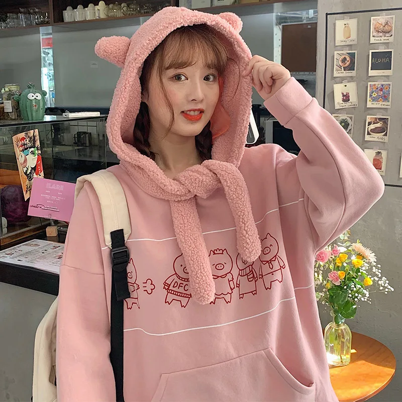 Autumn Winter Women Pig Ear Fleece Scarf Hooded Sweatshirt Plus Velvet Thicken Hoodies Sweet Girls Cartoon Print Kawaii Tops