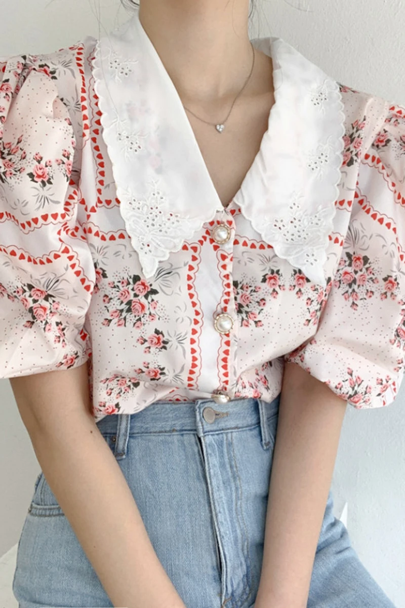 

Korean Chic Summer Lapel Embroidery Button Bubble Sleeve Chiffon Printed Tops Blouses Shirts For Women Blusas Mujer De Moda 2021