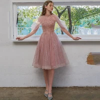 pink tea length a line illusion sleeve prom dresses simple sleeveless applique sequined party gown tulle evening dresses