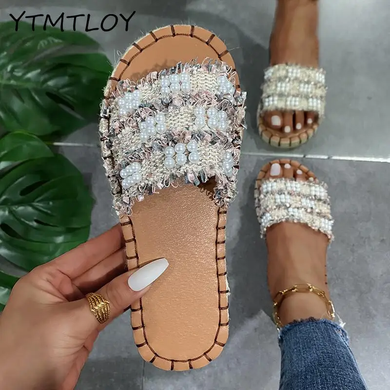 

Сланцы женские уличные из пеньки, элегантная пляжная обувь с бусинами, летние