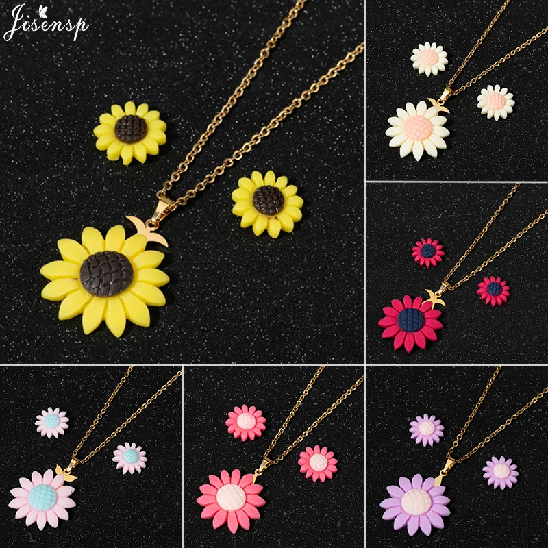 Jisensp Stainless Steel Chain Enamel Colorful Sunflower Necklace Earring Fashion Jewelry Sets For Women Girls Birthday Gift