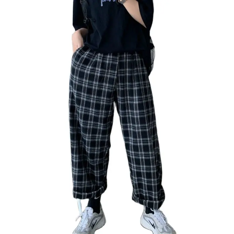 

Backstrom Women Plaid Pants Casual Chic Large Size Loose Wide Leg Trousers Female Harajuku Hip-Hop All-Match Unisex Streetwear