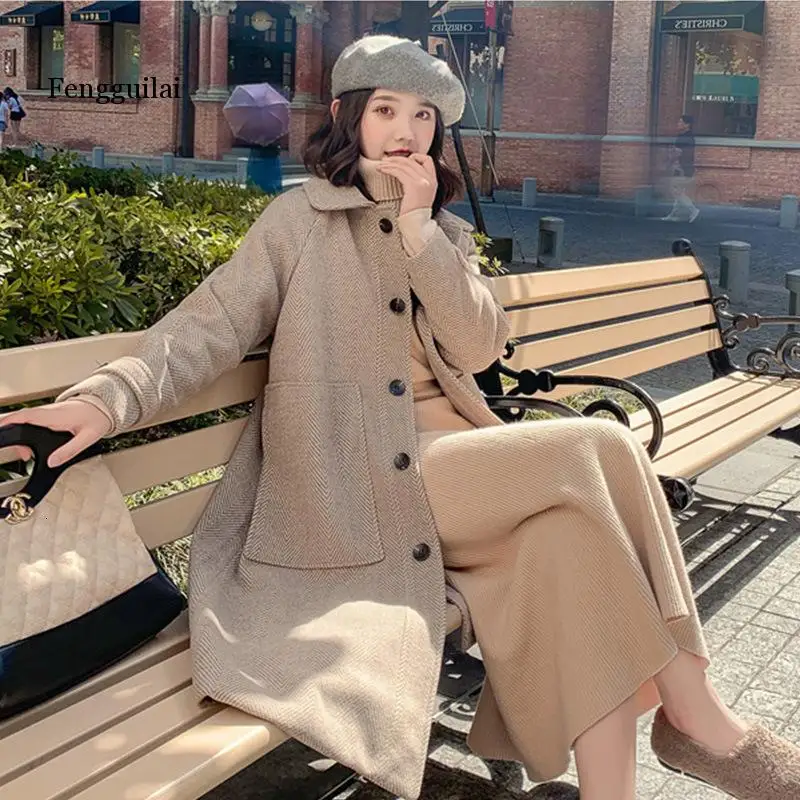

Autumn Winter Elegant Women Coat Woolen Loose Coat Long Thick Keep Warm Korean Coats Female Overcoat