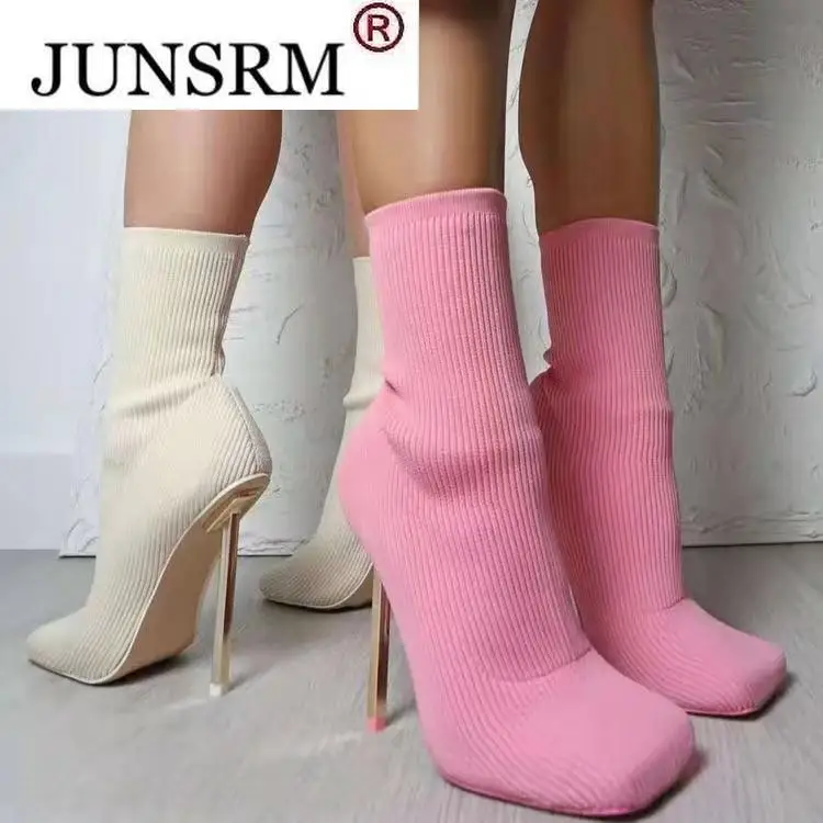 

Large Size 43 Sexy Party Sock Boots Women Thin High Heels Fashion Shoes Spring Autumn Female Square Toe Stretch Ankle Boots