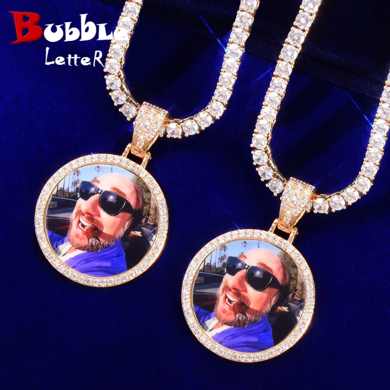 Bubble Letter Custom Photo Necklace for Men Personalized Medallions Picture Pendant Solid Back  AAAA Zircon Hip Hop Jewelry