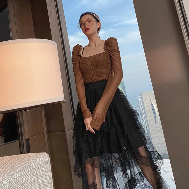 LANMREM нишевый квадратный воротник плиссированные Футболки с длинным рукавом для