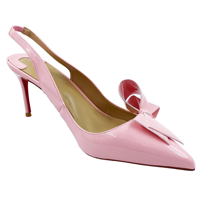 Size 34-45 Solid Color Patent Leather Big Bow-Tie Pointy Toe Elegant Slingback Women High Heels Sandals Shoes