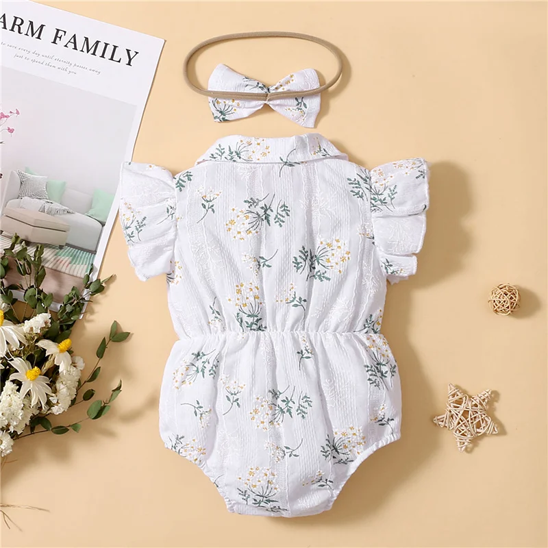 

2pcs 0-18Month Newborn Baby Girls Summer Clothes Sets,Floral Turn-Down Collar Children Kids Girls Short Sleeves Romper+Hair Rope