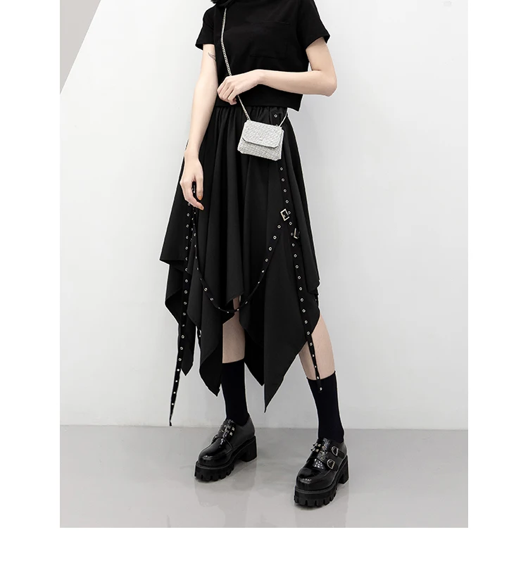 Long Skirt Irregular Skirt Girl's New Dark Tie Street Punk Wind Weave Buckle Medium-length Skirt Y2k Skirt Gothic Skirt