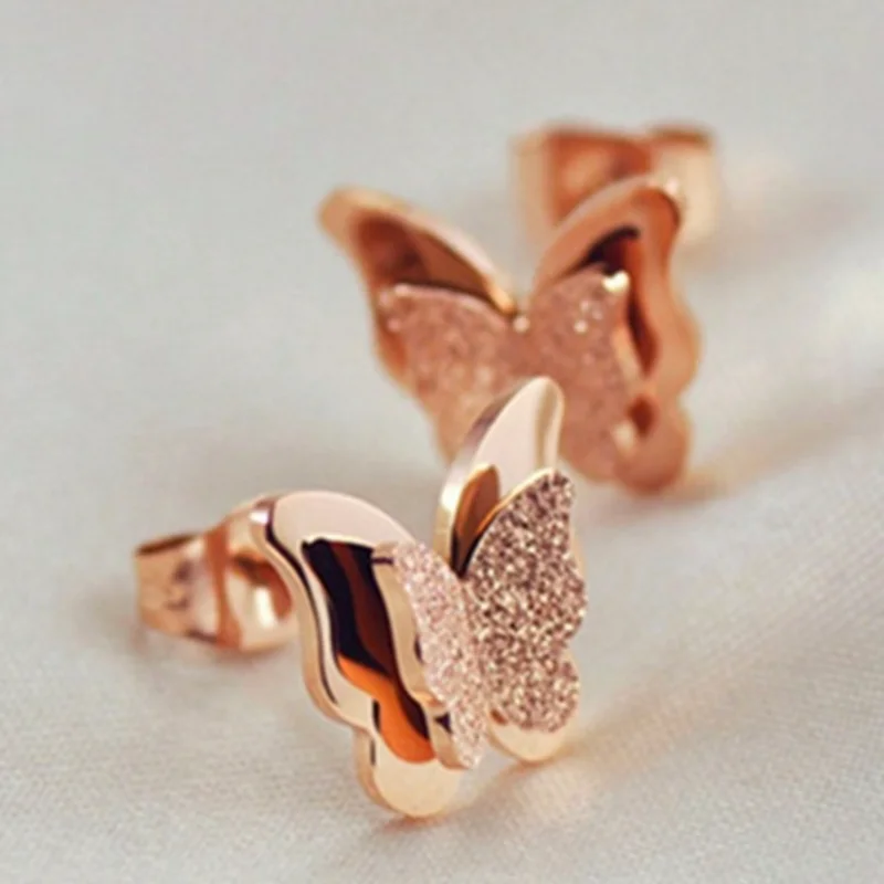 

Rose Gold Frosted Layered Butterfly Earrings Women's Rose Gold Frosted
