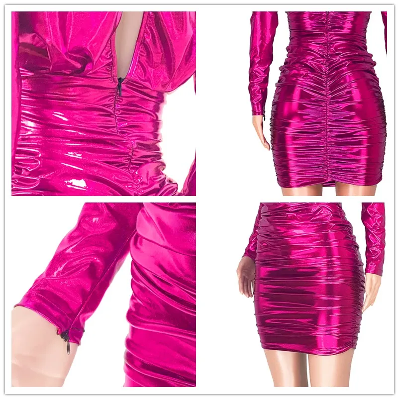 Повседневное мини платье из искусственной кожи на молнии с длинными рукавами