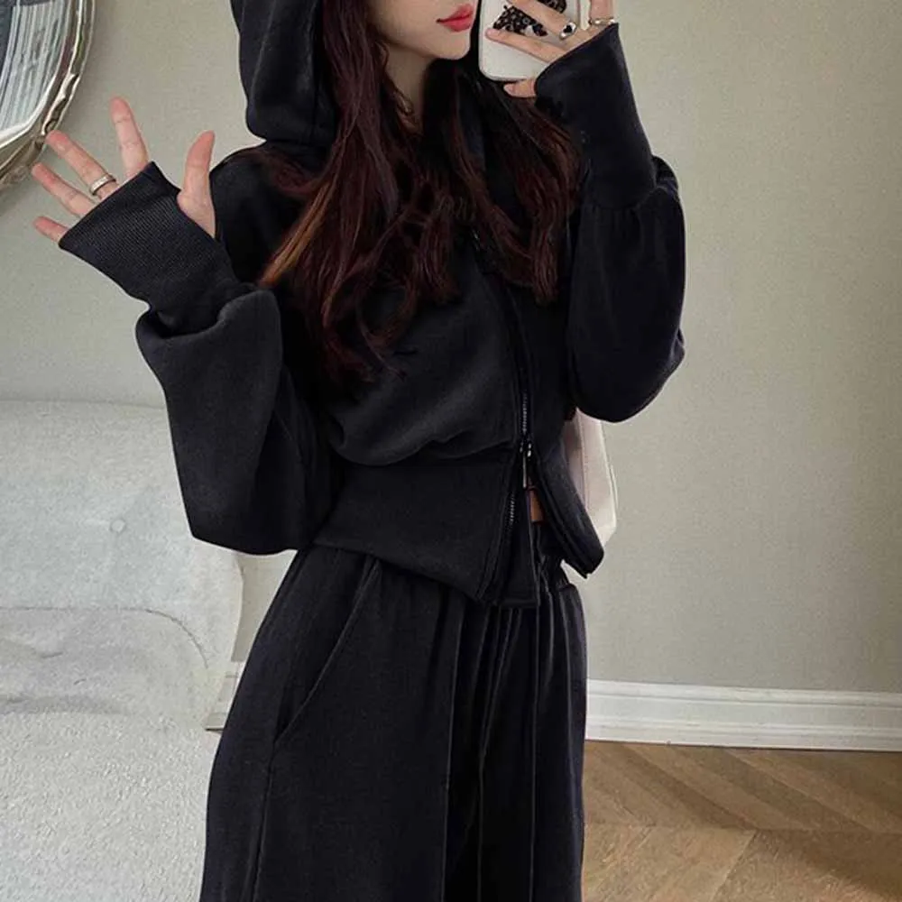 Осенний модный костюм женская укороченная толстовка с капюшоном куртка высокой