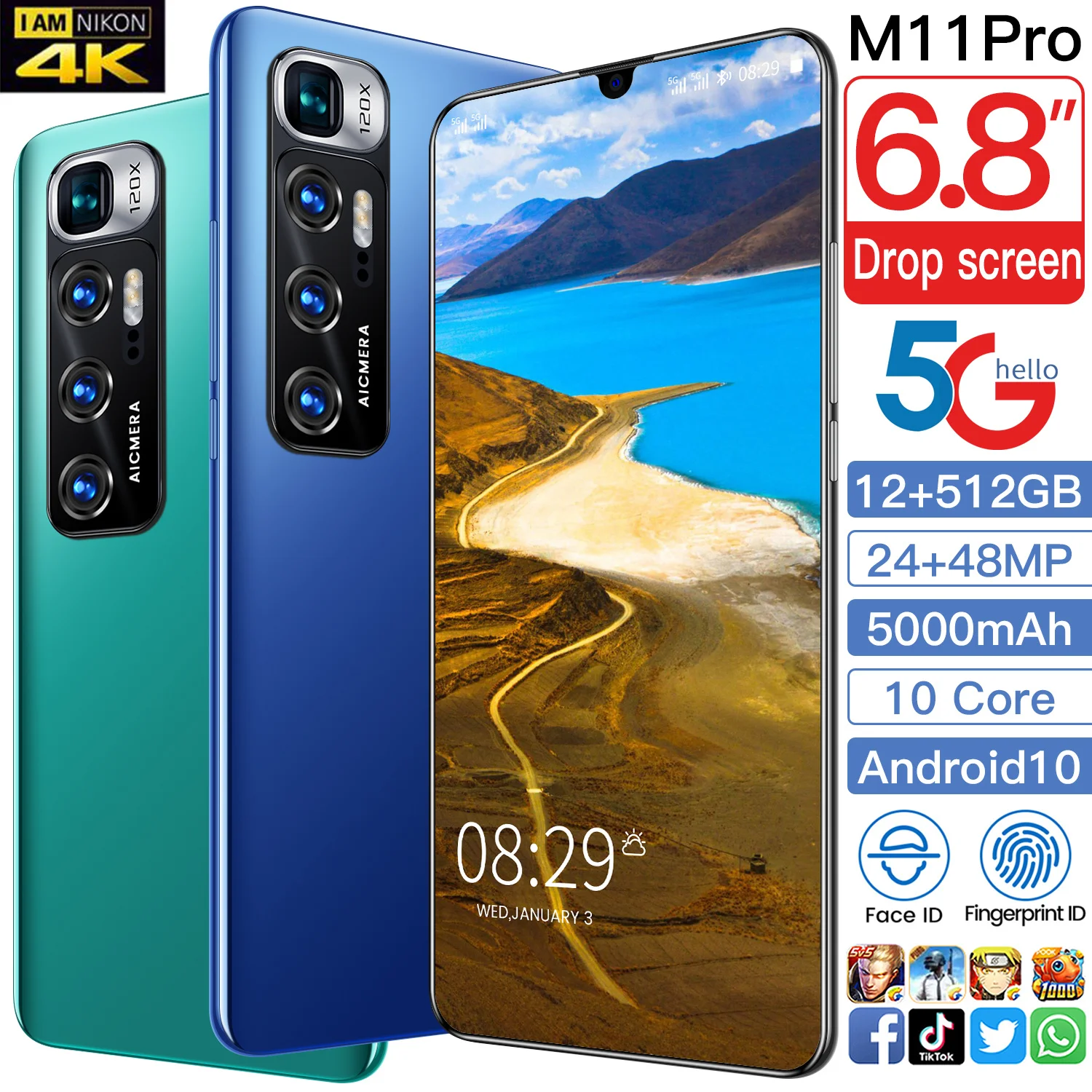 

M11 Pro 6.8-inch HD+ Screen Smartphone Android 5000mah 12GB+512GB Mobile Phones Dual Card Mtk6889 Deca Core Cell Phone