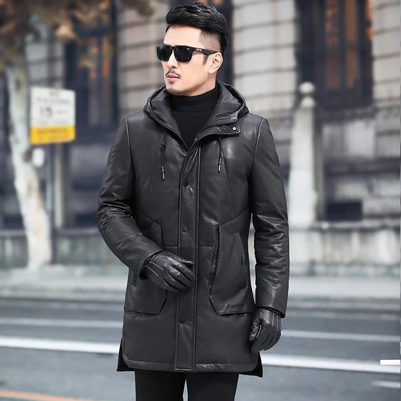Мужская зимняя теплая куртка из натуральной овечьей кожи с капюшоном 12088 02