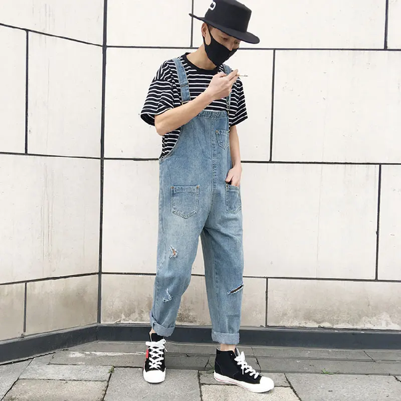 New Fashion Men's Ripped Jeans Jumpsuits Hi Street Distressed Denim Bib Overalls For Man Suspender Pants