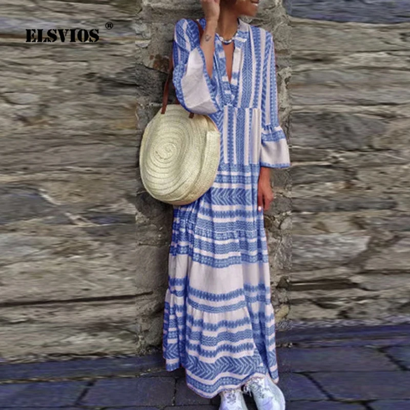 Женское длинное платье ELSVIOS 5XL с v образным вырезом и цветочным принтом в стиле