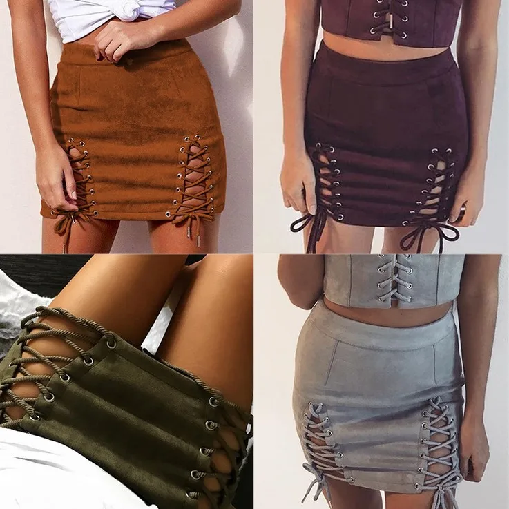 

Sexy Women ladies summer Bandage bodycon Suede Mini skirt hot Fashion high waist casual solid hollow out pencil short mini skirt