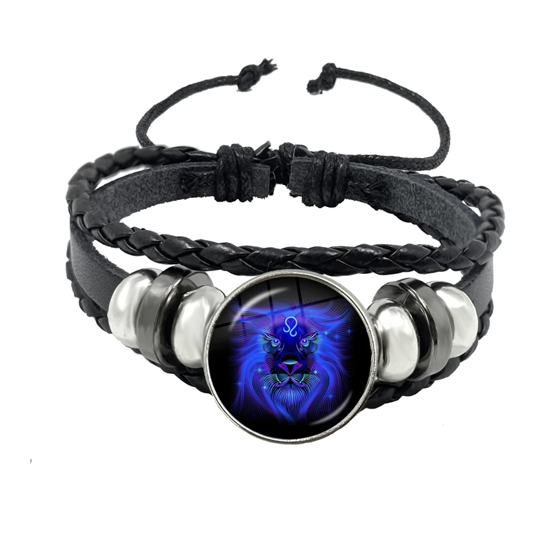 12 Constellations Bracelet Personality Rope Black Button Leather Glass Male Female Fashion Accessories Gift | Украшения и