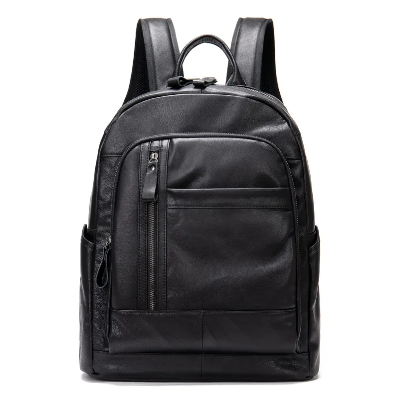 

School Genuine Leather Men Bag Backpack Business Shoulder Bag Black Simple Casual Men's Travel Backpack Capacity 16-inch Laptop