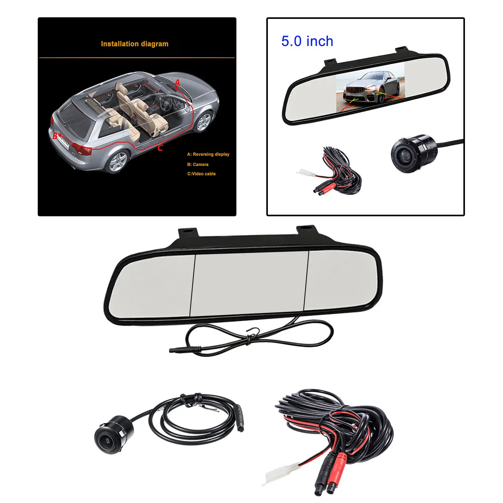 

HD 5" Rearview Mirror Monitor and Reverse Camera 170° View Angle for Vehicle Car SUV Truck Parking Assistance
