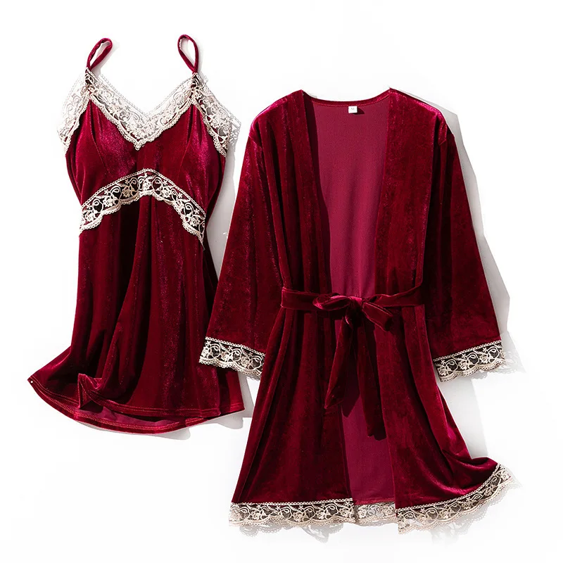 

Velour Women Robe Pajamas Sets Autumn Sexy Hollow Out Lace Kimono Bride Dressing Gown Underwear Nightwear Loose Home Sleepwear