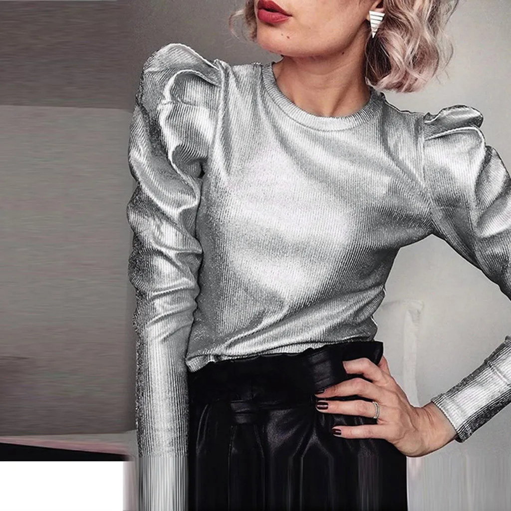 Женская блузка с рукавами фонариками элегантная приталенная длинными и круглым